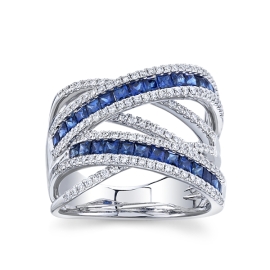 18k White Gold Blue Sapphire Diamond Wedding Ring 3/4 ct. tw.