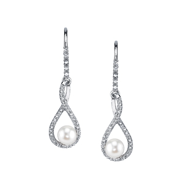 Sterling Silver Cultured Pearl and Diamond Earrings 1/5 ct. tw.