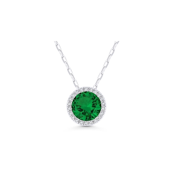 14k White Gold Lab Created Emerald and Diamond Necklace .05 ct. tw.