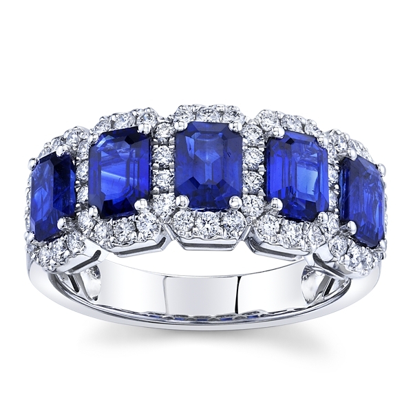 18k White Gold Blue Sapphire Diamond Wedding Ring 5/8 ct. tw.